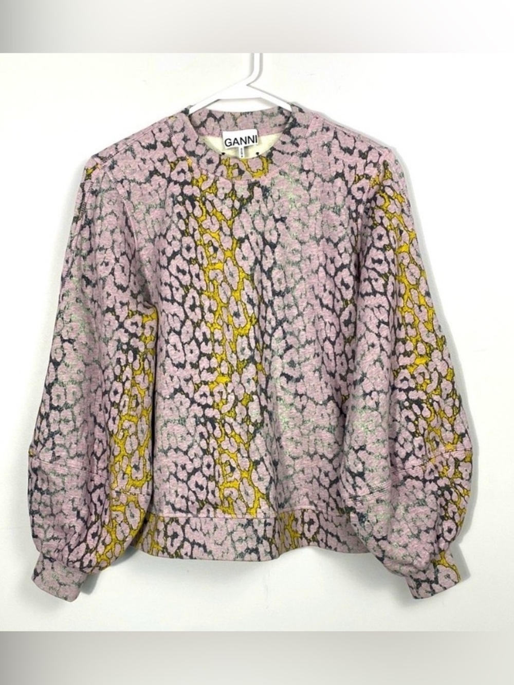 GANNI Isoli Metallic Leopard-print Sweatshirt 100% Cotton-jersey puff sleeves Sm